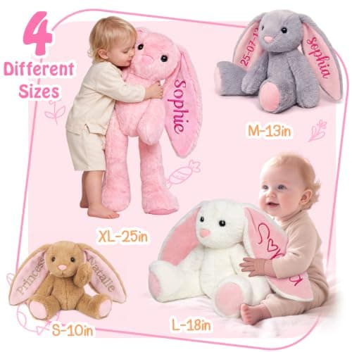 MYPHNEX Personalized Bunny Stuffed Animal, Custom Bunny Plush with Embroidered Name, Toys for 1 2 3 Year Old Baby Girls Boys, Customized Christmas Birthday Gifts for Infant Toddler Newborn (Bunny) - Thumbnail 5