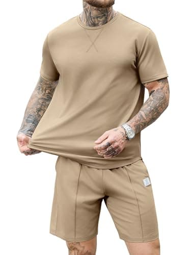 JEMLDL Mens 2 Piece Summer Outfits Short Sleeve Shirt and Shorts Loungewear Sets Casual Comfortable Travel Tracksuit Taupe M - Image 1