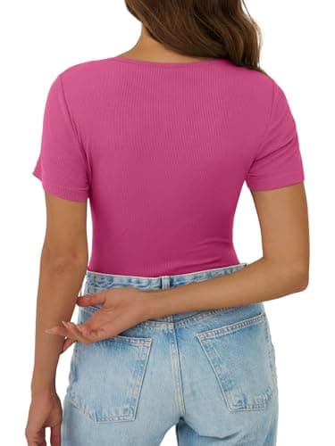 GKBK V Neck T Shirts for Women Lace Tops Going Out Casual Ribbed Tight Fitted Shirts Basic Tee Shirt 2026 Spring Clothes Summer Fashion Outfits Trendy Hot Pink - Thumbnail 5