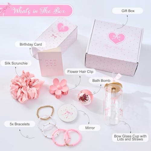 LANGASQUE Birthday Gifts for Women Teen Girls, Happy Birthday Gift Baskets for Women, Coquette Pink Bow Glass Cup Gift Box Set, Chrismas Gifts for Daughter Sister Wife Girlfriend Mom - Thumbnail 2