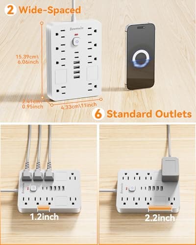 Bawmwim Surge Protector Power Strip - 8 Outlets(1850W/15A) with 6 USB Ports（2 USB C, 6FT Flat Plug Extension Cord, Wall Mount Multi Plug Outlet Extender, ETL Listed for Home, Dorm Room, White - Thumbnail 4