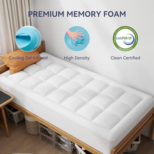 ELEMUSE Twin XL Dual Layer 3 Inch Memory Foam Mattress Topper for College Dorm Bed Room Essentials, 2 Inch Cooling Gel Foam and 1 Inch Soft Pillow Top Pad Extra Long Twin, Extra Support - Thumbnail 4