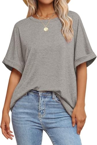 GKBK Womens Oversized T Shirts Crew Neck Short Sleeve Tops Spring Summer Business Dressy Casual Loose Fit Workout Work Basic Tee Shirt 2026 Beach Vacation Trendy Fashion Clothes Outfit Gray L - Image 1