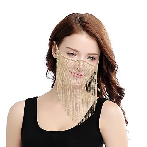Bellady Masquerade Mask for Women Rhinestone Fringe Mardi Gras Mask Party Prom Ball Bar Costumes Accessory Face Mask Gold - Thumbnail 3