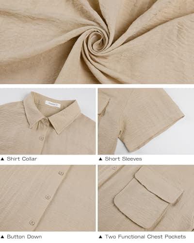Bsubseach Womens Swimsuit Coverup Blouse Short Sleeve Button Down Shirt Dress Bathing Suit Cover Ups Beach Vacation Outfits Khaki L - Thumbnail 6