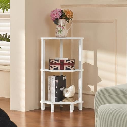 YUFAM 3-Tier Corner Shelf with Sturdy 5-Leg Base, 30in Tall Narrow Bookcase for Small Spaces, Wooden Plant Display Shelf, Thin Bookshelf for Living Room, Bedroom, Office, White - Thumbnail 2