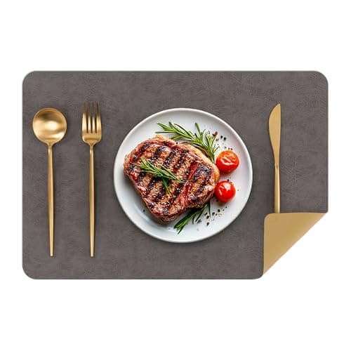 SHACOS Faux Cowhide Leather Placemats Set of 6, Wipeable Heat Resistant Table Mats, Stain Resistant Double Sided Reversible PU Place Mats for Dining Table Kitchen Restaurants, Gray and Yellow