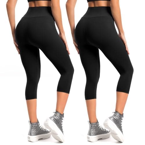 Leafigure 2-Pack Capri Leggings for Women, High Waisted Soft Yoga Pants for Gym Workout Black S-M - Image 1
