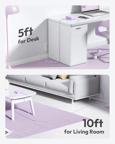 NTONPOWER Flat Plug Power Strip, Desktop Charging Station with 25W USB C Ports, Purple Extension Cord with 4 AC Outlets, 5ft Flat Extension Cord for Home Office, Dorm Room Essentials - Thumbnail 6