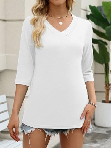 YESTTO Womens Tops 3/4 Sleeve V Neck Tunic Tops Casual Loose Fit Shirts Soft Lightweight Blouses Summer Dressy Basic Tees White - Thumbnail 2