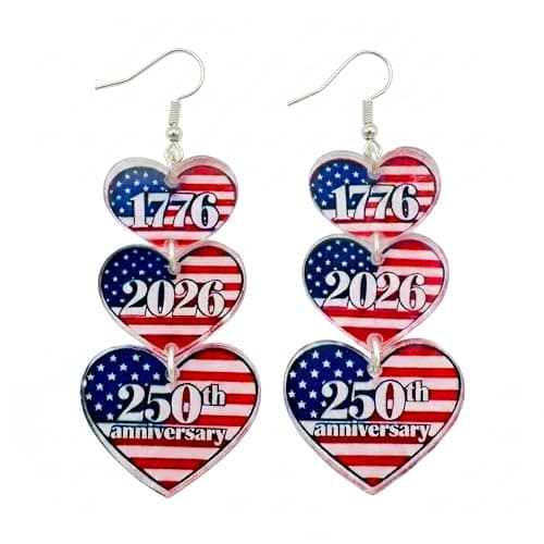 LumaBria 4th of July Earrings for Women - Lightweight Heart Shaped Patriotic Dangle Earrings - Red White Blue American Flag Drop Earrings with Silver Hooks for Independence Day Outfits - Image 1