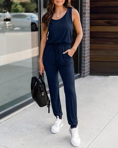 KIRUNDO Women 2026 Summer Jumpsuits Casual Sleeveless Drawstring Elastic Waist Romper Vacation Cruise Airport Travel Outfits(Dark Blue, XX-Large) - Thumbnail 3
