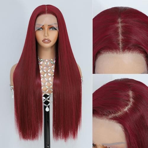 Barbique Burgundy Wig, Synthetic Lace Front Wig Ready to Wear Glueless Pre Plucked 13x6 HD Lace 99j Wigs 26 Inch Long Straight Wigs for Black Women Suitable for Daily Party Wear - Image 1