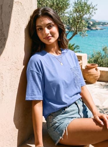 Dokotoo Womens Summer Tops Oversized Lace Cute Lace Short Sleeves Casual T-Shirts 2026 Tops Loose Fit Solid Color Plus Size Blouses Basic Tee Tops Beach Vacation Outfits,Sky Blue Medium - Thumbnail 5