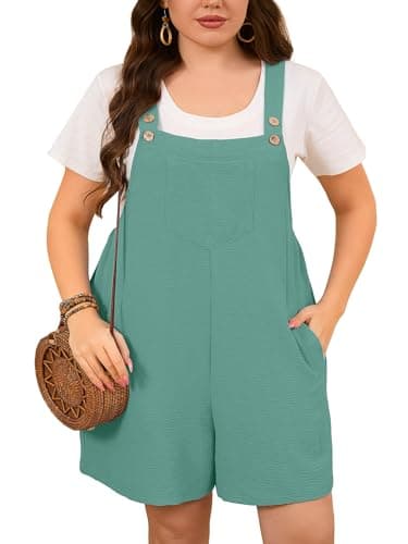 AusLook Plus Size Romper for Women Viridian 4X Adjustable Button Strap Overall Shorts Loose Fit Short Jumpsuit Summer Casual Outfit with Pockets - Image 1
