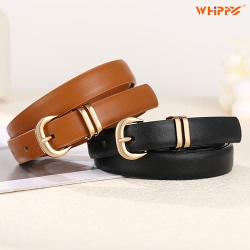 WHIPPY 2 Pack Skinny Leather Belts for Women Thin Ladies Fashion Belt C-Shaped Gold Buckle Black Belt for Jeans Pants Dresses, Black+Brown, M - Thumbnail 2
