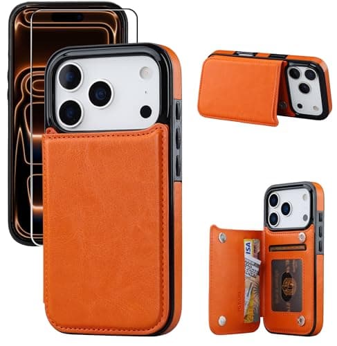 JOYAKI for iPhone 17 Pro Wallet Case with Screen Protector, Slim PU Leather Protective Case with Card Holder[RFID Blocking] Kickstand Cover 6.3“ -Orange