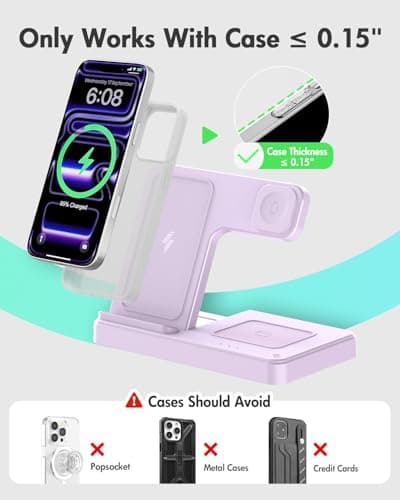 Wireless Charger Stand Charging Station: 3 in 1 Charger Multiple Devices for Apple iPhone 17 16e 16 15 14 Pro Max 13 12 11 for Watch 11 10 9 8 7 6 5 4 3 2 SE and Ultra & Airpods Series, Light Violet - Thumbnail 3