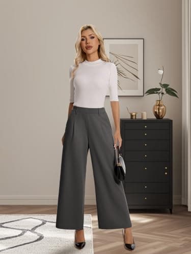 Amzdora Women’s Casual Wide Leg Pants High Waisted Stretch Pull On Palazzo Trousers Loose Flowy Lounge Pants with Pockets Dark Gray - Thumbnail 3