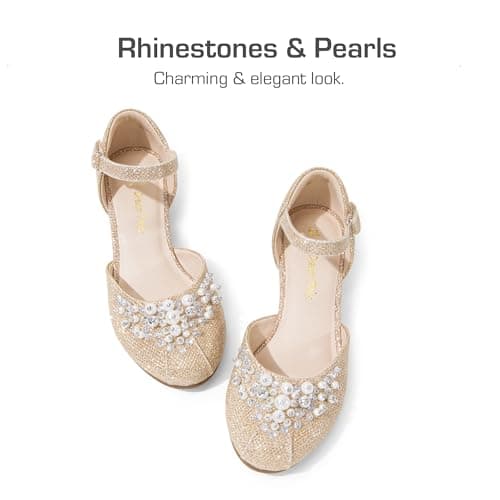 DREAM PAIRS Girls Dress Shoes, Glittering Low Wedge Heels with Pearls Rhinestones, Soft Cushioning, Hook-and-Loop Straps, Non-Slip Outsole, Party Formal Wear, Size 11 Little Kid,Gold-Glitter,SDFL2414K - Thumbnail 4
