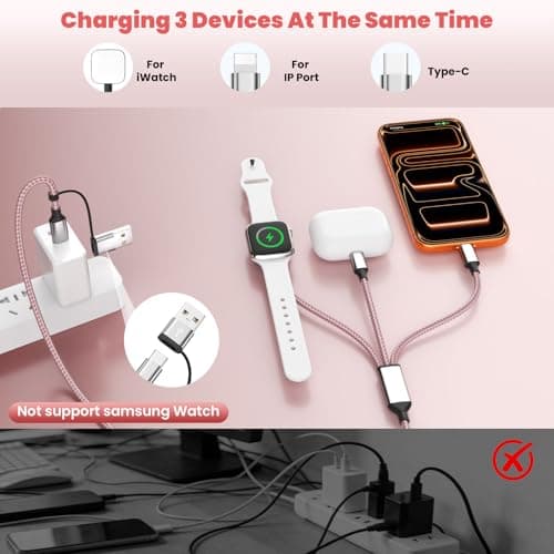 Travel Cruise Essentials,3 in 2 Multi Charging Cable for iWatch Charger/IP/USB C,Pink 1-Pack 5FT Braided USB A/C Cable Designed for Multiple Devices,Car Accessories for iWatch Ultra/SE & iPhone 17-11 - Thumbnail 2