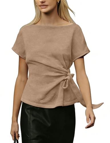 Ziqoty Women's Short Sleeve Wrap Sweater Casual Elegant Crewneck Tie Waist Knit Pullover Tops for Spring Summer(Khaki-S) - Image 1