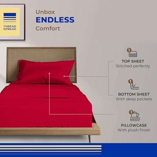 THREAD SPREAD 100% Egyptian Cotton Sheets Twin XL Size Bed Set - 3 PC 800 Series Euphoria Collection Egyptian Cotton Twin XL Sheet Set (Red) Soft, Cooling, 16" Deep Pocket Hotel Bedsheet - Thumbnail 3