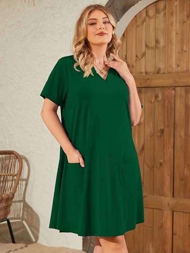 AusLook Plus Size Summer Green Dress for Women V Neck Short Sleeve Loose Fit Casual Knee Length 5X Sundress with Pockets - Thumbnail 3
