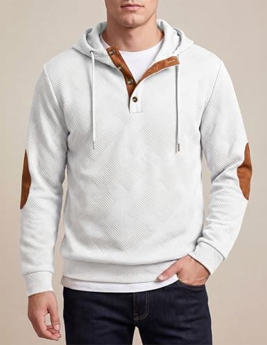 JMIERR Hoodies for men Casual Cotton Textured Long Sleeve Quarter Collar Drawstring Button Early Fall Fashion Pullover Hooded Fall Sweatshirts, S, White - Thumbnail 2