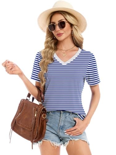 Womens Short Sleeve Tops T Shirts Summer T Shirts V Neck Blouses Plus Size Tunic Beach Vacation Boho Outfits, Blue/White Stripe M - Thumbnail 3