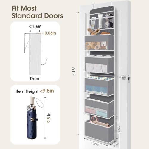 SpaceHacks 6-Tier Over The Door Organizer, Hanging Storage Organizer with Clear Window, 40lb Ultra Sturdy Large Capacity Room Organizer for Pantry Bathroom Nursery Closet Baby Essential (Grey) - Thumbnail 2