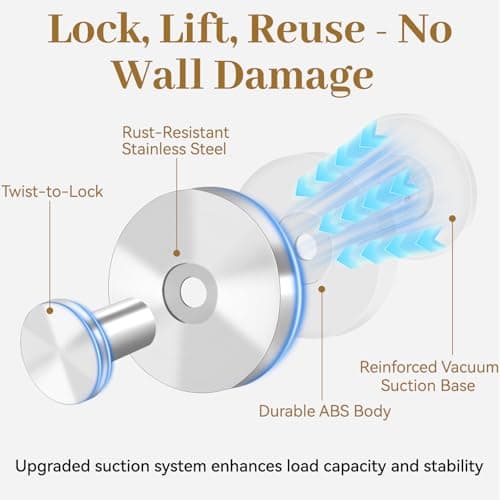 TACGEA Suction Cup Hooks for Shower, Removable Towel Hooks for Bathroom Window Glass, Powerful Vacuum Shower Hook for Towel, Robe, Loofah - 2 Pack, Sliver - Thumbnail 4