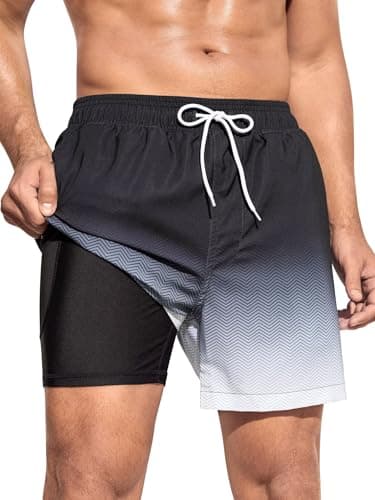 SILKWORLD Men's Swim Trunks Quick Dry Beach Shorts with Compression Liner and Zipper Pockets, Gradient-Black, X-Large - Image 1