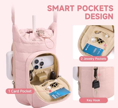 WOOMADA Water Bottle Holder Bag with Strap, 40/32 oz Crossbody Bag Gym Accessories, Sling Purses for Women（Pink） - Thumbnail 4