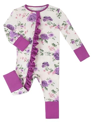 Joonberry Infant Baby Girl Clothing Bamboo Rayon Footies, Newborn outfit Footed Long Sleeve Jumpsuit with Zipper and Mitten Cuffs (Purple Rose, 1-3M) - Image 1