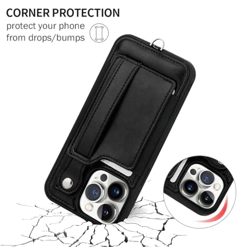TOOVREN Phone Cover Compatible with iPhone 15 Pro Max Case with Wallet Strap Card Holder Stand Leather Cover Fits iPhone 15 Pro Max Wallet Case Lanyard for Women & Men 6.7 Inch Black - Thumbnail 5