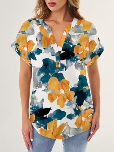 GKBK Womens Short Sleeve Henley Tops V Neck Dressy Casual Blouses Summer Trendy Tee Shirts 2026 Vacation Going Out Resort Wear Fashion Clothes Print Flower L - Thumbnail 2