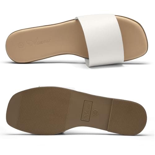 Athlefit White Flat Sandals for Women Square Toe Comfortable Slip On Summer Dressy Casual Slide Sandals Size 8 - Thumbnail 5