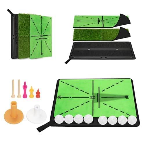 NEWCARE Golf Hitting Mat with Curved Ball Tray, 3-in-1 Golf Practice Mat, Fairway Rough Putting Surfaces, Non-Slip Rubber Base, 16 x 14 Inch Portable Golf Training Mat, Gift Idea