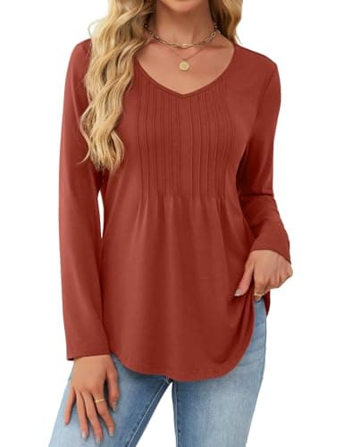 JUSTFASHIONNOW Long Sleeve Tops for Women Fall Shirts V Neck Trendy Ladies Casual Tunic Pleated Blouse Dressy Business Outfits Caramel Tops for Leggings (Caramel, Small)