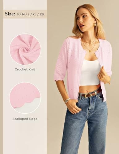 GRACE KARIN 3/4 Sleeve Cardigan Sweater for Women Summer Button Up Crochet Knit Cardigans Lightweight Shrugs Spring Outfits Pink - Thumbnail 6