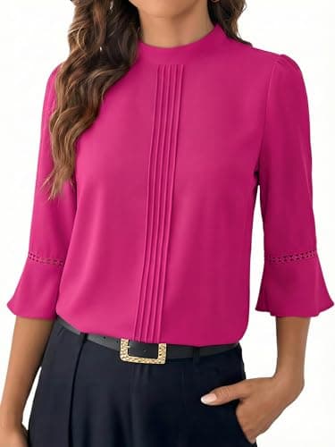Funlingo Womens Tops 3/4 Length Sleeve Fashion 2026 Dressy Casual Tunic Blouses Spring Pleated Mock Neck Hot Pink Work Shirt Rose Red 3XL - Image 1