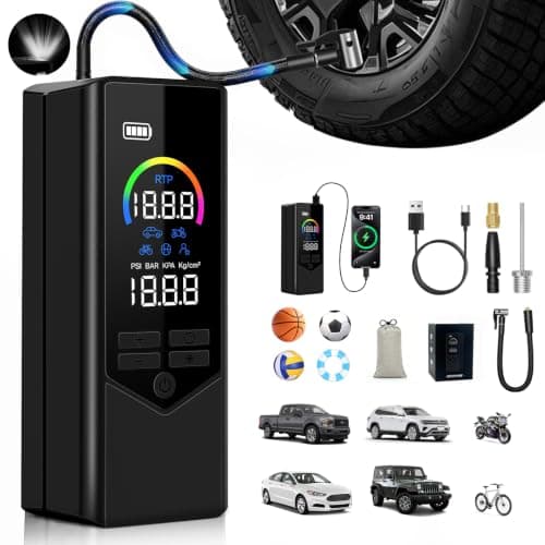 Tire Inflator Portable Air Compressor, 7500mAh Cordless Air Pump for Car Tires, Bike Pump with Color Screen Digital Pressure Gauge, 4X Faster 150PSI Tire Pump for Cars, Motorcycles, Bicycles, Balls