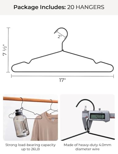 StorageWorks 4mm Super Thick Metal Wire Hangers, Heavy Duty Stainless Steel Clothes Hangers for Coats, Shirts Jackets, Pants, Suits, Space Saving Black Hangers for Closet, 20 Pack - Thumbnail 3