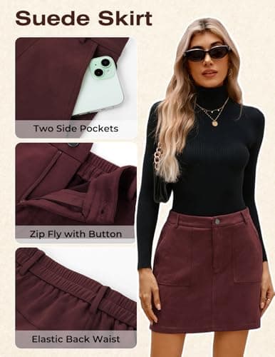 Women Mini Skirt, High Waist Pencil Suede Skirt with Pockets, Burgundy Skirt for Thanksgiving Christmas New Years Eve 2026 L - Thumbnail 5