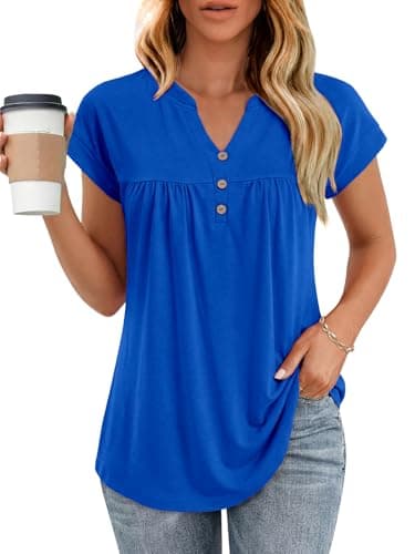 YOKGO Womens T Shirts Short Sleeve Pleated Button Top Dressy Casual V Neck Summer Tunic Tops Loose Fit Blouses Blue - Image 1