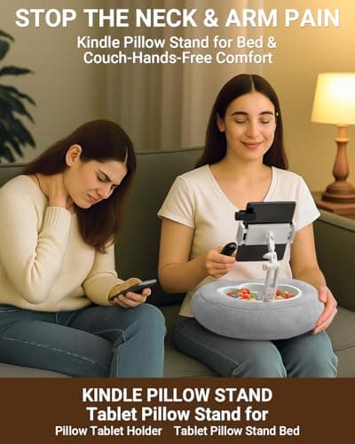 Tablet & Kindle Pillow Stand for Bed, Adjustable iPad Holder for Couch and Lap with 2 Snack Bowls, Cup Holder, 50 Disposable Liners and Washable Cover, Grey - Thumbnail 3