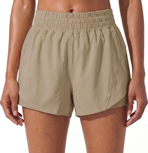 PrinStory Athletic Shorts for Women High Waisted Running Quick Dry Gym Workout Shorts with Zipper Pockets Khaki-XL - Image 1