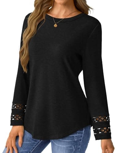 GKBK Womens Long Sleeve Tops Business Dressy Casual Blouses Crew Neck Loose Fit Lightweight T Shirts Cute Work Tee Ladies Tunic 2025 Fall Winter Fashion Clothes Trendy Outfits Black M - Thumbnail 3
