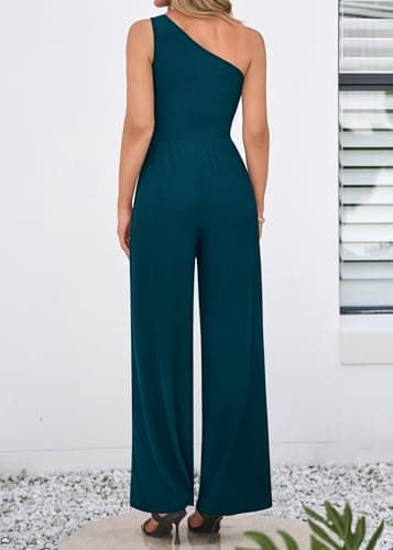 KIRUNDO One Shoulder Jumpsuits For Women Dressy Summer Formal One Piece Ribbed Wide Leg Romper Pockets Cocktail Party Outfits(Lake Blue, Medium) - Thumbnail 2